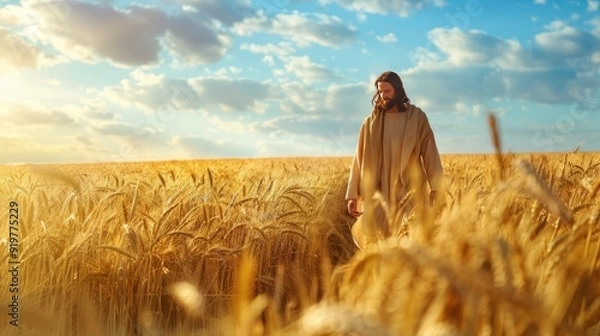 Fototapeta Jesus Christ is walking in a field with wheat