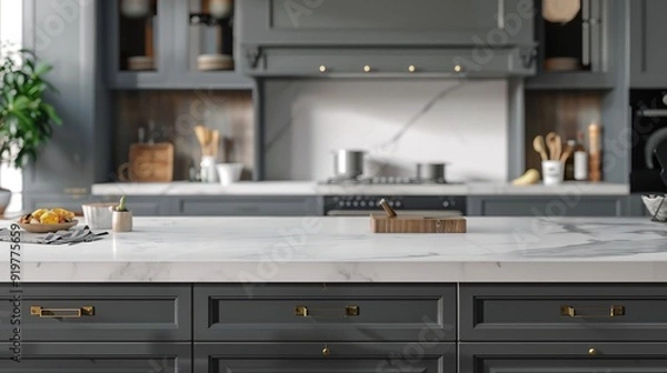 Fototapeta Front view of elegant interior with gray drawers under kitchen cabinet. empty wooden table and marble countertop in room. modern equipment for cooking.