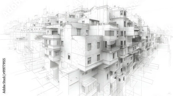 Fototapeta 3D illustration Imagination architecture building construction perspective design,modern urban building line drawing abstract background. ai generated