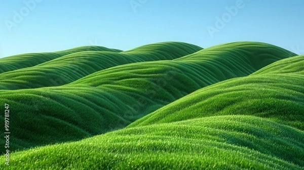 Fototapeta 3D rendering of infinity environment concept. infinite earth land with green grass. Earth land with green grass on small green planet and blue sky background. ai generated