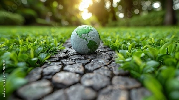 Obraz 3D rendering of infinity environment concept. infinite earth land with green grass. Earth land with green grass on small green planet and blue sky background. ai generated
