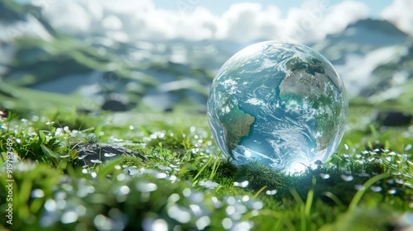 Obraz 3D rendering of infinity environment concept. infinite earth land with green grass. Earth land with green grass on small green planet and blue sky background. ai generated