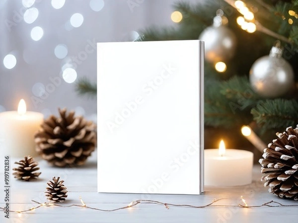 Fototapeta Blank book displayed on a festive table surrounded by candles and pinecones
