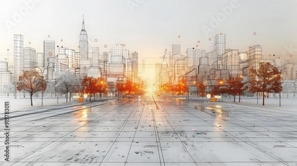 Obraz 3D illustration Imagination architecture building construction perspective design,modern urban building line drawing abstract background. ai generated