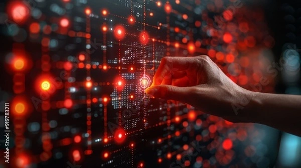 Obraz AI, Machine learning, robot hand ai artificial intelligence assistance human touching on big data network connection Lock icon and internet network security technology. ai generated
