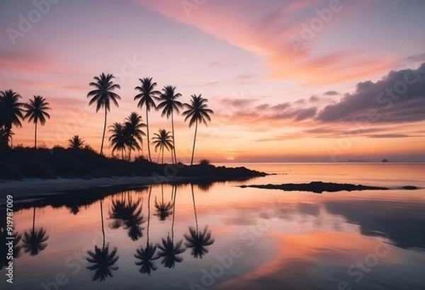 Fototapeta A serene ocean landscape with calm, rippling waves reflecting the warm, pastel-colored sky and bright sun in the distance