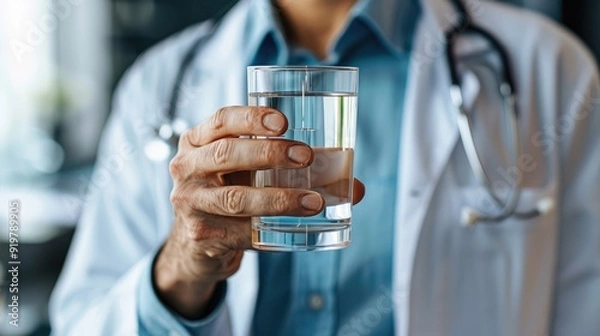 Obraz Close-up of a doctor's hand holding a glass of water.  The image emphasizes the importance of hydration for healthcare professionals.