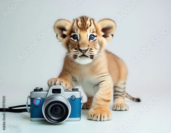 Fototapeta 3d paste color full view baby lion holding camera on white background