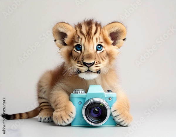 Fototapeta 3d paste color full view baby lion holding camera on white background
