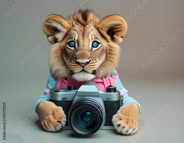 Fototapeta 3d paste color full view baby lion holding camera on white background