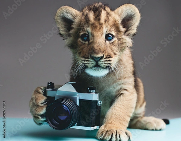 Fototapeta 3d paste color full view baby lion holding camera on white background
