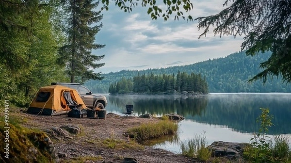 Obraz Camping by the lake with a tent