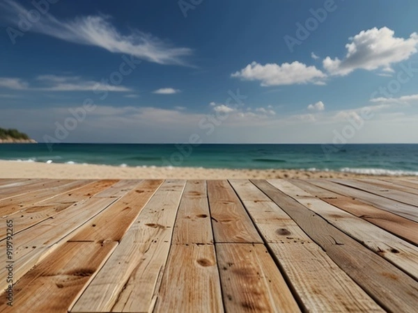Fototapeta Wooden floor or plank on sand beach in summer. For product display.Calm Sea and Blue Sky Background.