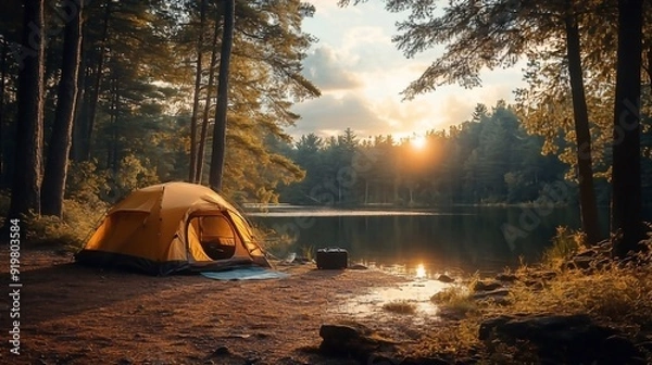 Obraz Camping by the lake with a tent