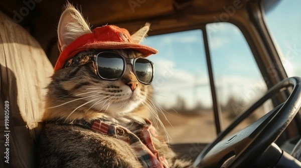 Obraz cat trucker sits behind the wheel in a cap
