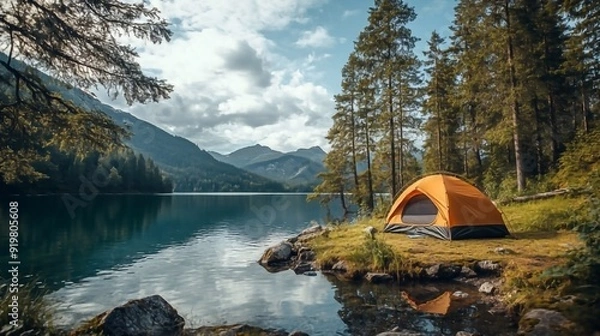 Obraz Camping by the lake with a tent