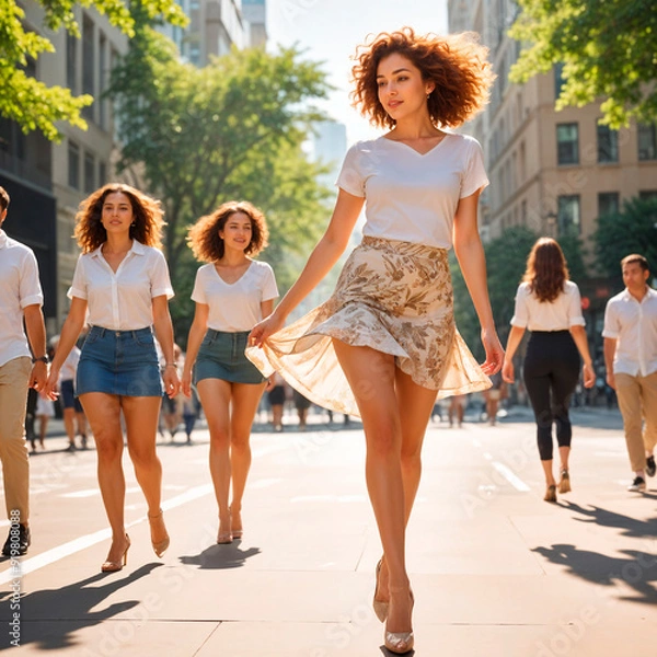Fototapeta Confident Woman Walking Through a Sunlit City Street with a Group