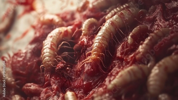 Fototapeta an image of worms that are found in meat tissues and symbolize the rotting of the product