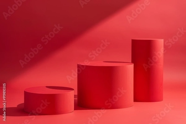 Fototapeta Against a vibrant red background, three podiums of varying heights create a striking display, ideal for photography sessions and presentations, ensuring they stand out beautifully