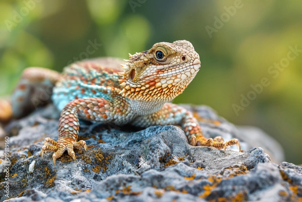 Fototapeta A lizard is sitting on a rock, looking at the camera