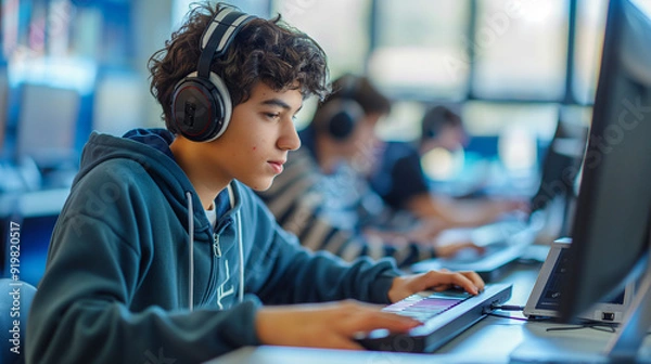 Obraz Focused teenage boy using a computer in a classroom setting