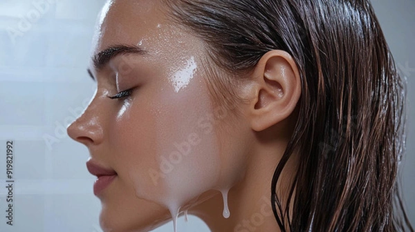 Fototapeta Applying softnessenhancing conditioner, haircare  routine  softness, silky and delicate feel