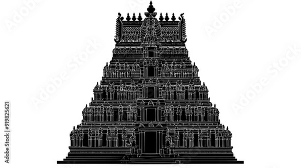 Fototapeta Hindu temple with a towering gopuram and intricately carved sculptures, vector illustration art