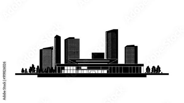 Fototapeta Large structure with an open plaza, surrounded by shops and high-rise residential buildings, vector illustration art