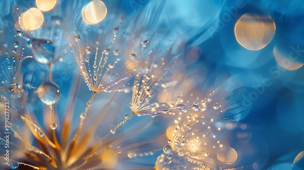 Fototapeta Beautiful macro blue dewdrops on a dandelion seed