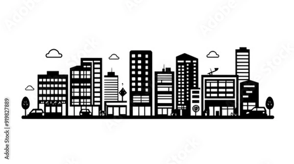 Fototapeta An urban complex featuring interconnected structures with shops, offices, and apartments, vector illustration art