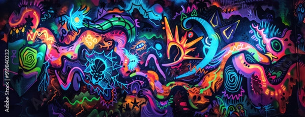 Fototapeta Psychedelic neon abstract art with swirling patterns