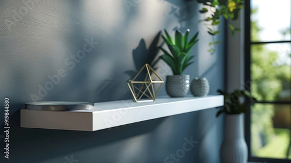 Fototapeta Floating shelf with plants and decor items in a modern interior.