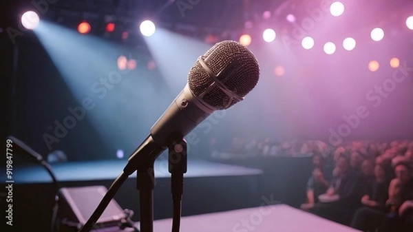 Obraz A close-up of a professional microphone on a stage, surrounded by bright lights, set against the backdrop of a minimalist, high-tech conference environment.