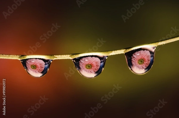 Fototapeta three drops of water on a twig with a reflection of a pink gerbera flower , creative macrophotography