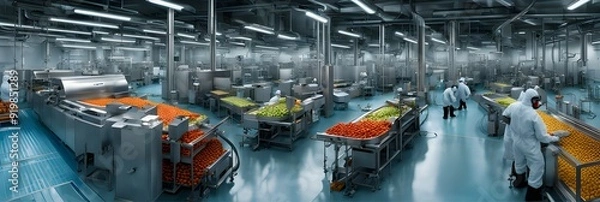 Fototapeta Ultra-Realistic Food Processing Facility – Workers in Protective Gear Operating Machinery in Dynamic Industrial Setting.