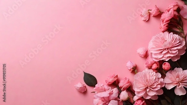 Obraz Romantic and Paper cut flowers on pastel pink background with copy space ai generated