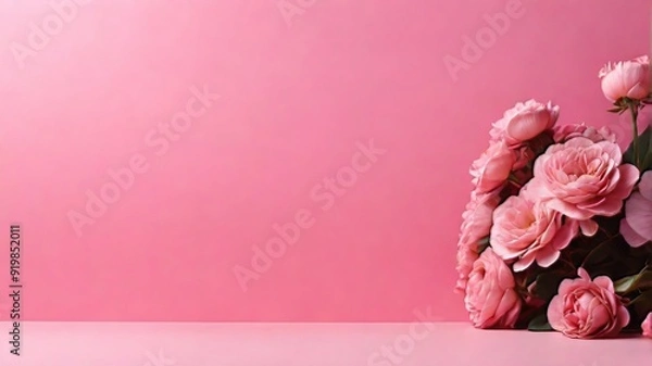 Obraz Romantic and Paper cut flowers on pastel pink background with copy space ai generated
