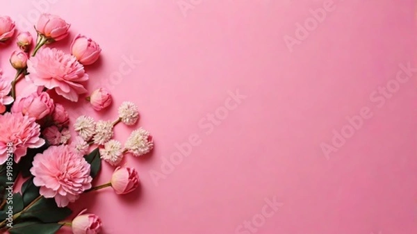 Obraz Romantic and Paper cut flowers on pastel pink background with copy space ai generated