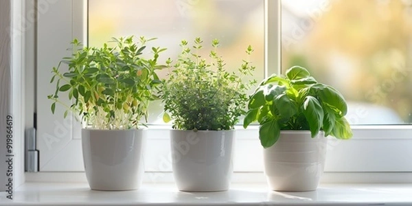 Fototapeta Three potted plants sit on a windowsill, each with a different type of herb. The plants are arranged in a row, with the tallest one in the middle and the shortest one on the far left