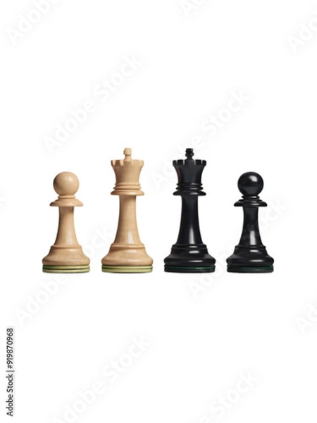 Fototapeta Chess Pieces: A captivating close-up of four chess pieces, two white and two black, arranged against a pristine white background. The composition evokes the strategic tension and elegance of this anci