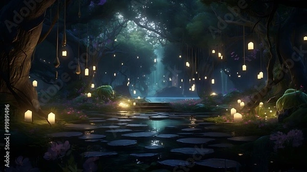 Fototapeta A mystical woodland with glowing fireflies, featuring a yoga mat inviting practitioners for a magical evening session.