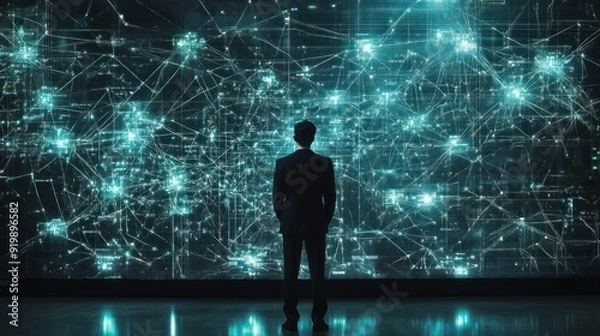 Fototapeta Man Observing Complex Data Network on Giant Screen