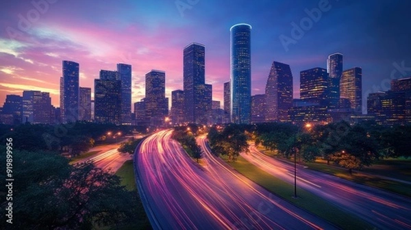 Obraz Houston Skyline at Sunset with Traffic