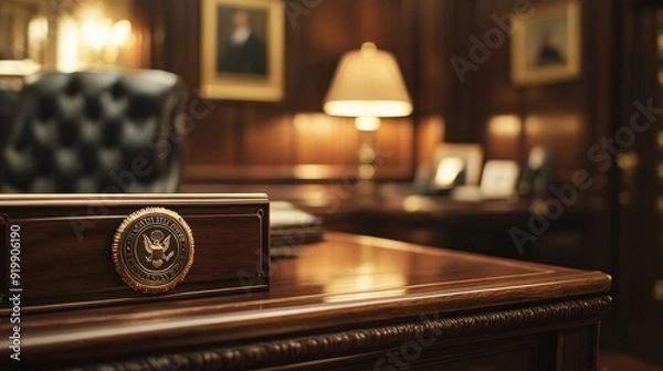 Obraz Presidential Seal on a Desk in the Oval Office