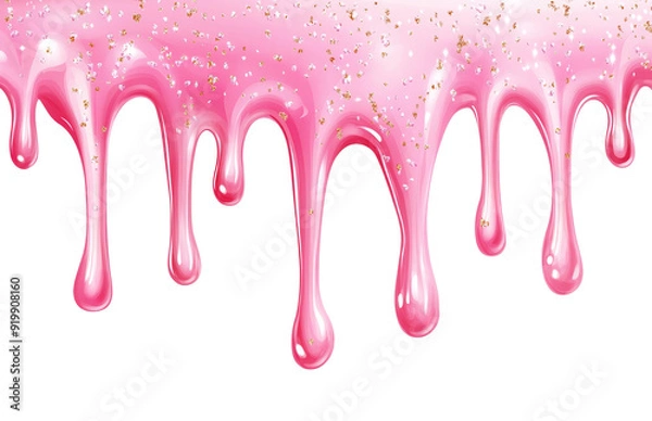 Fototapeta  Dripping glossy pink slime with glitter isolated on white background. Glossy pink caramel icing. Jelly or caramel icing for cake or donut.