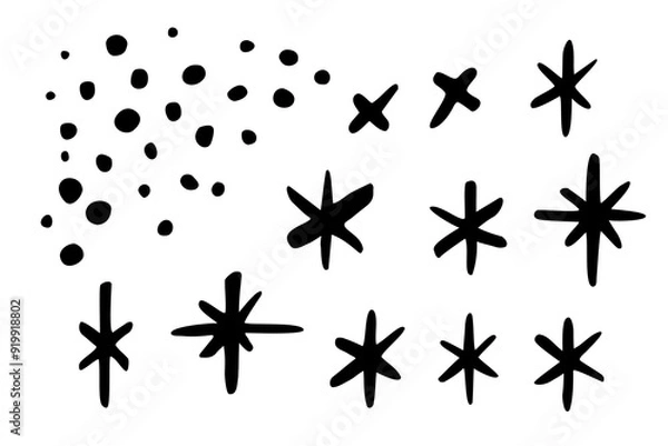 Fototapeta Vector set of hand drawn snowflakes and snow. Cute doodle elements, isolated on white background.