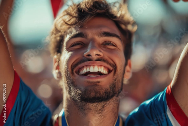Fototapeta A man with a big smile on his face is holding up a red and white flag