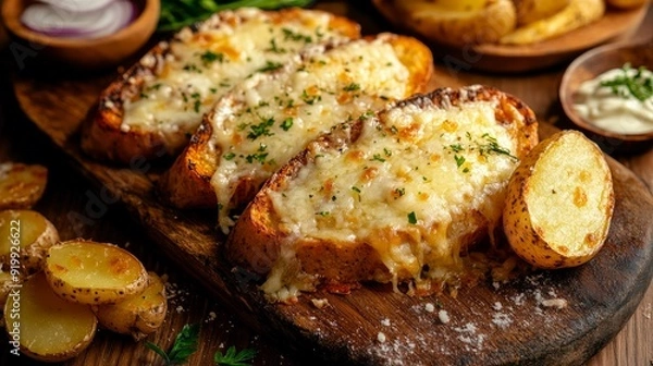 Fototapeta On a wooden table, fried natural potatoes and bread with melted cheese