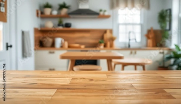 Fototapeta Wooden Table Top with Blurred Kitchen Background.