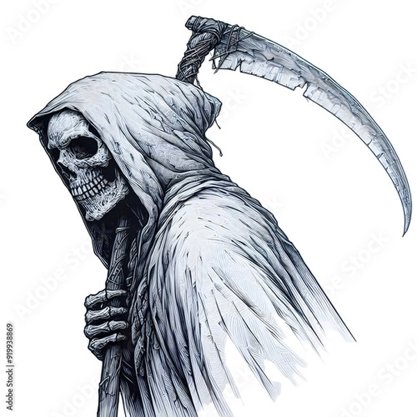 Fototapeta A detailed line drawing of the Grim Reaper, featuring the iconic scythe and hood, on a plain white canvas